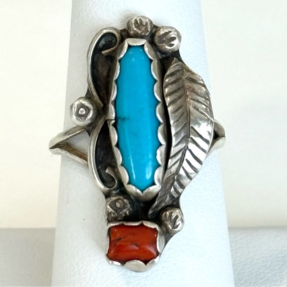 Vintage Sterling Silver 925 Turquoise Coral Leaf Ring Size 7 Southwest Jewelry
